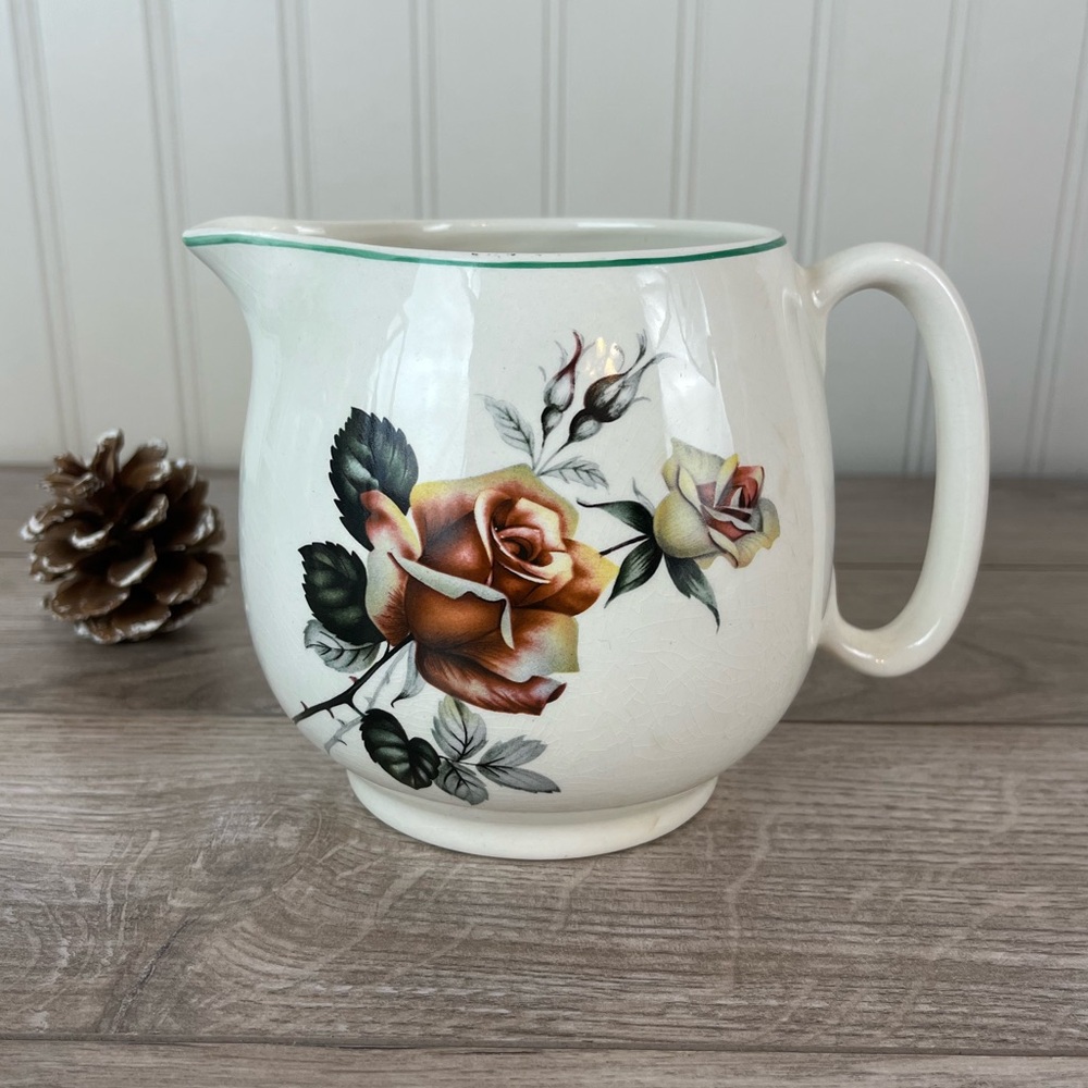 Vintage Lord Nelson Pottery Ceramic Pitcher, Roses in Rust & Green, England